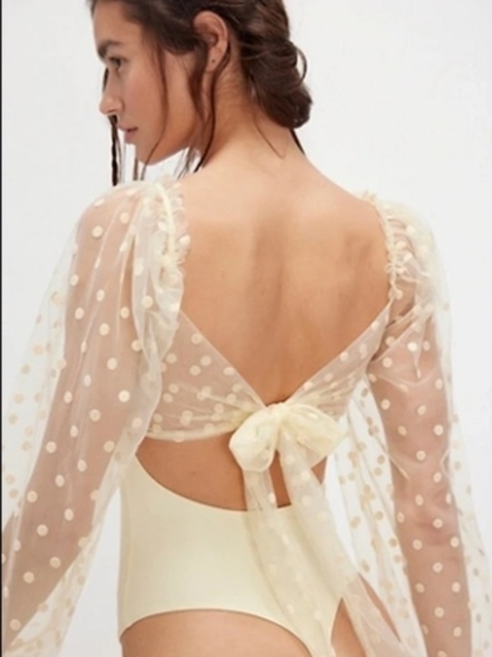 Free People Ice Blue Sheer Polka Dot Tie-Back Bodysuit